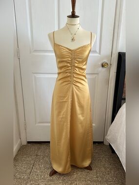 h&m gold satin dress H&M Gold Satin Long Sleeve Wrap Midi Dress Size 12 V Neck